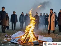 People are lighting paper-made winter clothes in an open space. The firelight reflects their pious faces.