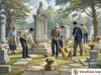 People are cleaning the ancestral graves with brooms and other tools. There are fresh flowers placed in front of the graves.