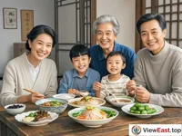 A family is sitting around the table. On the table are cold noodles, bean jelly and other cold foods. Everyone is smiling happily.