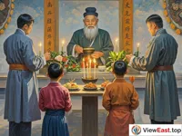 A family is standing in front of the ancestral tablets, respectfully offering sacrifices and lighting incense sticks and candles.