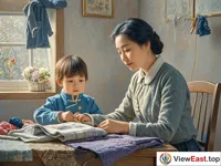 A mother is sitting at the table and sewing a cotton-padded clothes carefully for her child. There are fabrics and needles and threads beside her.