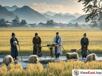 In ancient times, people were working in the fields. As the weather turns colder, they are preparing sacrificial items. Behind them is a golden rice field.