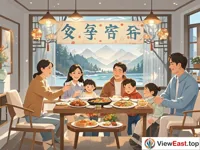 In a modern living room, a family is laughing and chatting. The table is filled with delicious food. On the wall hangs a banner that says 