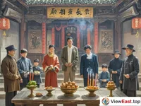 In an ancient ancestral hall, a family is wearing solemn clothes and conducting an ancestor worship ceremony. In front of them are offerings and incense candles.