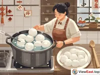 In a southern kitchen, a woman is cooking glutinous rice balls. The glutinous rice balls in the pot are plump and white. Beside it, there is a plate filled with cooked glutinous rice balls.