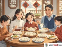 A family is sitting around a table, happily eating dumplings. The table is filled with plates of steaming dumplings.