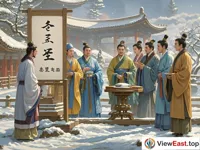 A scene of a palace in the Han Dynasty. A group of ancients in ancient costumes are discussing. Beside them, there is a sign that says 