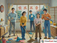 In the picture, a family is cleaning the room with brooms, rags and other tools. The room is in a busy scene. On the window, there is a banner saying 