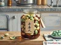 In the picture, in a transparent glass jar, there are garlic cloves soaked in vinegar. Beside it, there is a label saying 