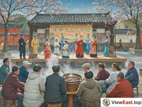 In the picture, on the community square, people are sitting around making Laba porridge. Beside it, there is a stage where artistic performances are being held.