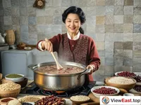 In the picture, in the kitchen, a woman is stirring a large pot of Laba porridge in front of the stove. The pot is full of rich ingredients. Beside it are various grains, beans and dried fruits.