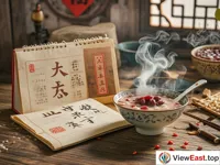 In the picture, there is an old calendar. The opened page shows the eighth day of the twelfth lunar month. Beside it is a bowl of steaming Laba porridge. The background is a warm Chinese-style room.