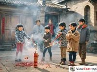 Several children are setting off firecrackers in the yard. The sound of firecrackers is one after another. In the smoke, the children's faces are filled with joyous smiles. In the distance, adults are standing aside, watching the children play and showing happy expressions on their faces.