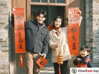 A couple is standing at the door. The man is holding spring couplets and the woman is holding paste. They carefully paste the spring couplets on the door. The red spring couplets are extremely bright in the sunlight. Next to them, the child is holding firecrackers and excitedly waiting for the moment to set off firecrackers.