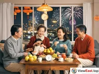 A family is sitting in the living room. There are fruits, snacks and hot tea in front of them. While chatting, they are looking at the clock and waiting for the New Year's bell to ring. Fireworks are blooming outside the window, illuminating the night sky.