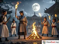 In an ancient village, people are wearing traditional clothes, holding torches and peach-wood swords, dancing around a bonfire to drive away evil spirits. There is a full moon hanging in the sky, illuminating the whole scene.
