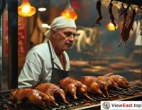 An experienced roast duck master intently observing the roasting process of the duck, with the background being the antique-style roast duck restaurant kitchen.