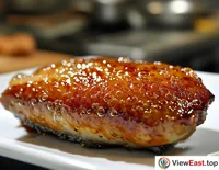 A close-up photo focusing on the crispy skin of the roast duck, showing the fine bubbles and gloss on the skin, with a blurred kitchen environment in the background.