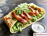 A thin pancake covered with slices of roast duck, scallion shreds, and cucumber strips, ready to be rolled up, n