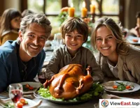 A family gathered around the dining table, with a whole roast duck in the middle, everyone is about to start enjoying it, with smiles of happiness on their faces.