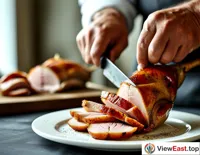 A master showcasing his slicing skills, cutting the roast duck into thin slices that reveal an enticing color and texture. The background is a simple white plate.