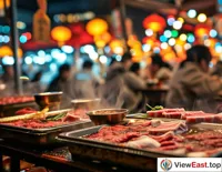  In the bustling night market, a stall displays several hot pots, with customers sitting around the tables enjoying blanched mutton, against a backdrop of colorful night market lights.