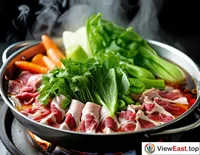 An image showing slices of mutton and various vegetables being blanched together in the hot pot, with the green of the vegetables contrasting vividly against the red of the mutton.