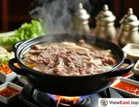 A traditional charcoal-fired hot pot with the glow of the fire reflecting off the bottom of the pot, where slices of mutton are quickly blanched in the boiling soup, accompanied by dishes of condiments and vegetables.