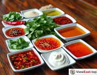 An image displaying a row of small dishes filled with various condiments, including sesame paste, minced garlic, cilantro, and chili oil, with rich colors and an inviting aroma.