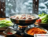 On a cold winter day, with snowflakes drifting outside the window, inside the house a hot pot is placed on the table, steaming with clear soup where slices of mutton are quickly blanched, accompanied by a plate of freshly cut vegetables.