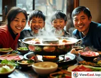 A family sits around the dining table, with a steaming hot pot in the center, where slices of mutton are rolling in the broth. Everyone's face is beaming with happiness.