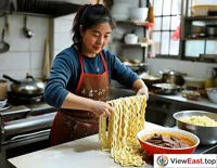 In a cozy home kitchen, a mother is hand-pulling elastic noodles, preparing to make a bowl of authentic Lanzhou beef noodles for her family.