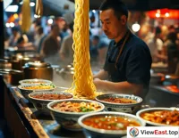 At a lively food festival, the Lanzhou beef noodle stall is crowded with people, and the chef's live noodle-pulling performance attracts a large audience.
