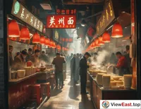 In the early morning of Lanzhou, sunlight bathes the bustling streets, and a long queue forms outside an old-school beef noodle shop, with the steaming aroma of beef noodles wafting through the air.