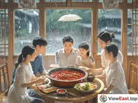 On a rainy day, in a warm room, the family gathers around the Chongqing hot pot. The rain outside the window is pattering. Inside the room, the hot pot is fragrant. It is extremely warm.