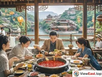 In the characteristic hot pot restaurant in the tourist scenic area, tourists taste the authentic Chongqing hot pot. While enjoying the beautiful scenery outside the window, they feel the unique charm of Chongqing.
