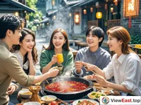 Several friends gather at an open-air hot pot restaurant. The aroma of Chongqing hot pot permeates the air. Everyone chats happily while eating heartily and enjoying the leisurely time.