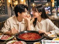 For a couple's date, they share Chongqing hot pot in a warm little store. The red pot bottom, tender meat slices. The two look at each other affectionately while eating, full of happiness.
