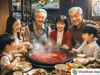 In a family gathering, the whole family sits around the Chongqing hot pot. In the steaming hot pot are cooking everyone's favorite ingredients. The elders are all smiles. The children can't wait for the delicious food to be cooked.