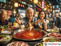 On the bustling streets of Chongqing, in an old hot pot restaurant, the lights are bright. The bright red Chongqing hot pot is placed on the table. The boiling hot soup emits an alluring aroma. Various fresh ingredients are filled aside. The diners are eating with flushed faces and continuous laughter.
