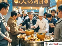 At a food festival, the booth of Buddha Jumps over the Wall is crowded with people. Chefs are busily making this famous dish, and the aroma is everywhere. Tourists are lining up and can't wait to taste this legendary delicacy.