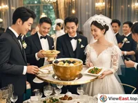 At the wedding scene, Buddha Jumps over the Wall, as a special dish, is served on the table. The newlyweds and guests share this delicious food together, adding more joy to this beautiful moment.