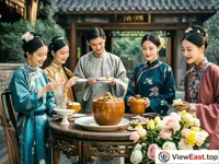 In a traditional Chinese courtyard, a gourmet feast is held. Buddha Jumps over the Wall is placed on an antique table, decorated with flowers beside it. People are wearing traditional costumes and savoring this classic delicacy, as if traveling back to ancient times.
