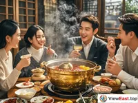 At a friends' gathering, everyone sits around a hot pot, and in the middle is a special Buddha Jumps over the Wall hot pot. Steaming hot, various ingredients are rolling in the pot. Friends are chatting and laughing, enjoying this unique delicacy.