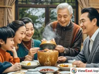 At a family gathering, the elders personally open the jar of Buddha Jumps over the Wall. The mellow fragrance instantly gushes out. The whole family sits around, looking forward to tasting this traditional famous dish, with happiness on their faces.