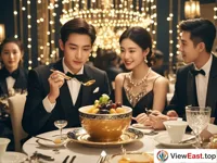 In a luxurious restaurant, the lights are bright. An exquisite Buddha Jumps over the Wall is placed in the center of the dining table. The rich aroma spreads. Diners are dressed in formal attire and taste this delicious dish gracefully, showing satisfied expressions.