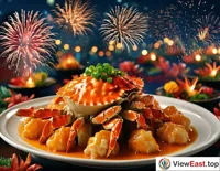 At a festive dinner, Hairy Crab Meatballs are served as the main course, surrounded by colorful fireworks, adding to the festive atmosphere.