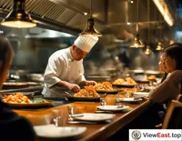  In the open kitchen of a high-end restaurant, the chef is meticulously cooking Hairy Crab Meatballs, with diners seated at the bar, watching intently.