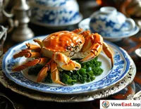 On an exquisite dining table, Hairy Crab Meatballs are placed on a blue and white porcelain plate, surrounded by exquisite carved silverware, creating a classical and elegant dining atmosphere.