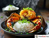 A plate of freshly cooked Hairy Crab Meatballs, steaming hot, golden brown meatballs adorned with emerald green scallions, accompanied by a small bowl of translucent white rice, making one's mouth water.